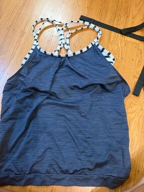 Navy Blue Athleta Strappy Tank Top with Black & White Striped Trim